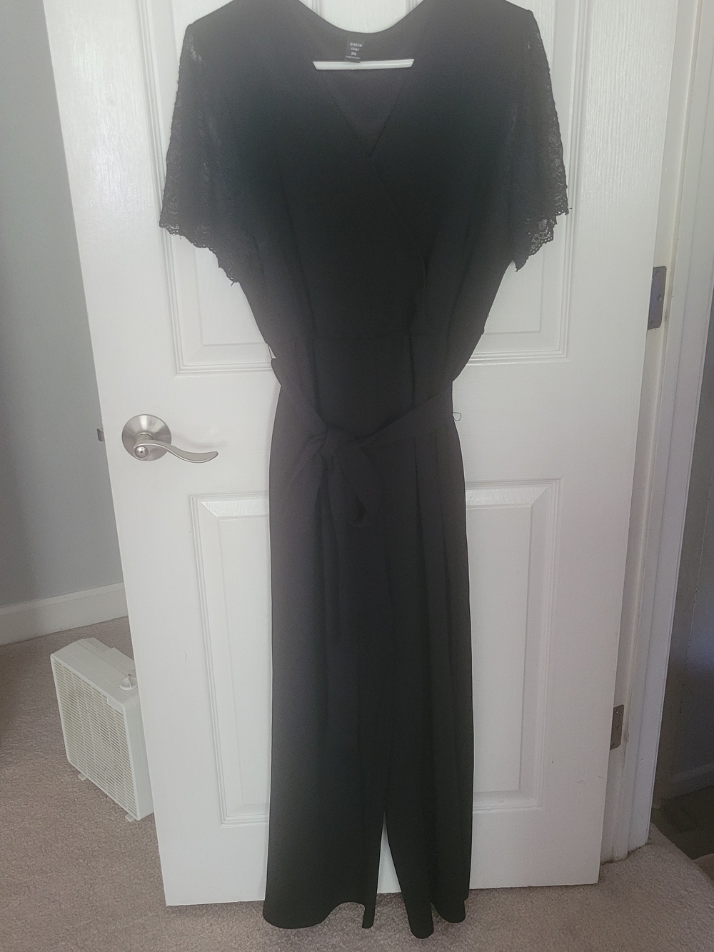SHEIN Black V-Neck Wrap Jumpsuit with Lace Trim